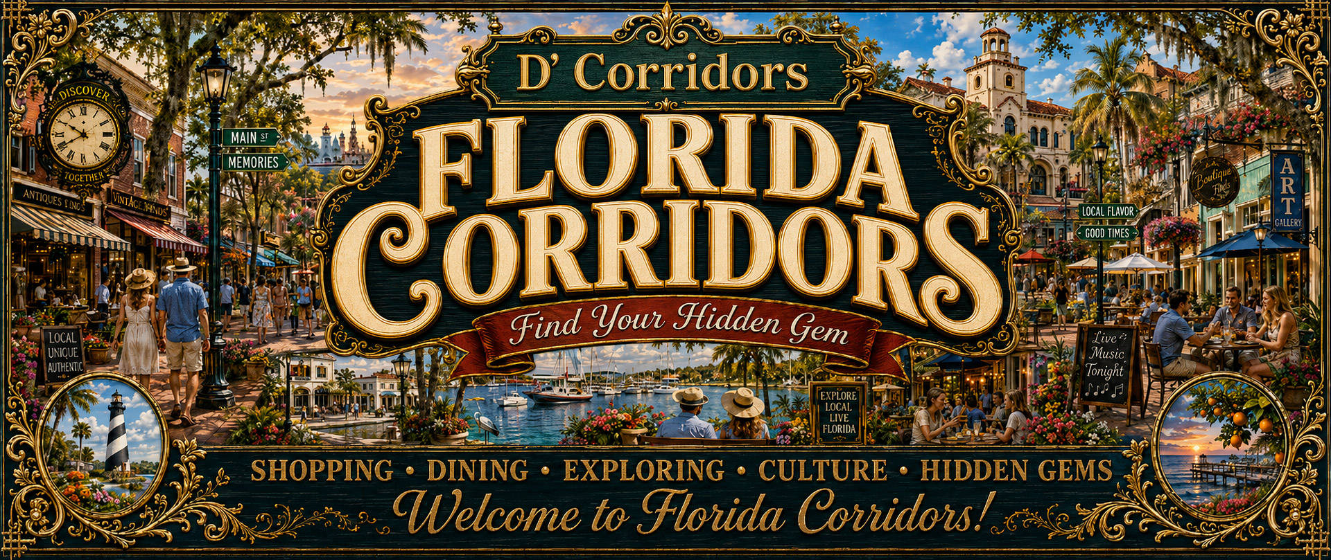 Illustrated Florida corridors featuring colorful downtowns, local streets, businesses, and destinations